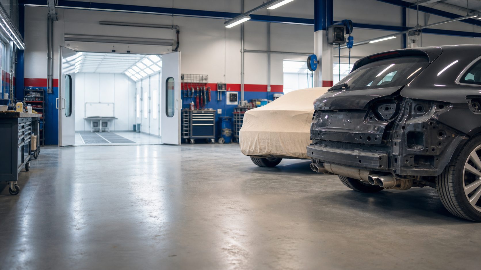 Cabina di verniciatura aperta all'interno dell'officina di carrozzeria